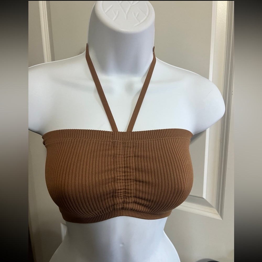 Aerie Ribbed Bandeau Halter Bra Top Brown Adjustable Strap XS